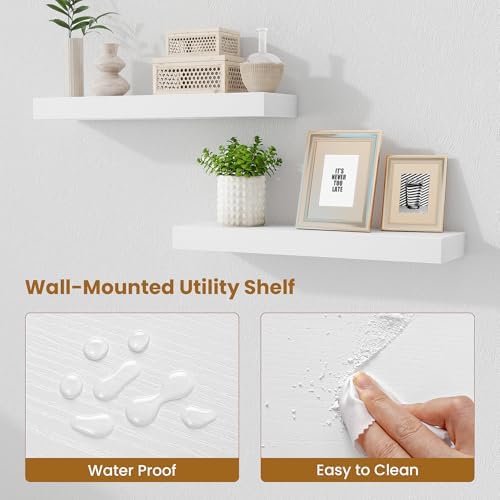 Fun Memories Floating Shelves Set of 2, 24 Inch Floating Shelves for Wall, Wood Wall Shelves with Invisible Brackets, fo