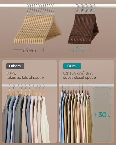SONGMICS Wooden Hangers, 30 Pack, Basic Wood Clothes Hangers, Space Saving
