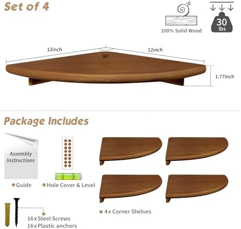 Forbena Corner Bookshelf Wall Mounted Set of 4, Wooden Floating Book Shelves for Nursery, Large Wall Shelving Unit for L