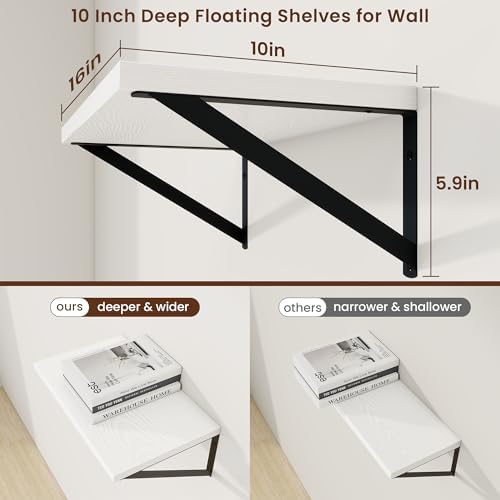 Axeman Deep Floating Shelves, 16'' x 10'' White Wall Shelves Set of 2