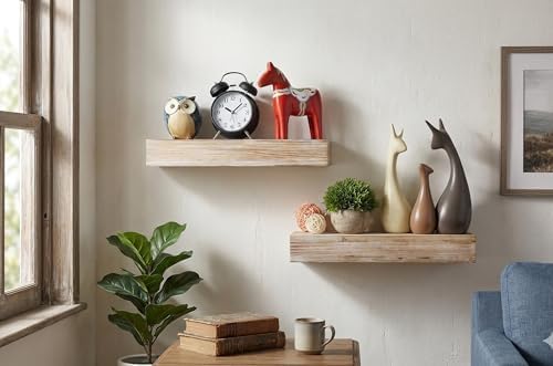 Wall-Mounted Floating Shelves - Set of 2, Solid Wood Rustic Grey, 16.5” W x 6” D x 2.5” H - Rustic Decorative Storage fo