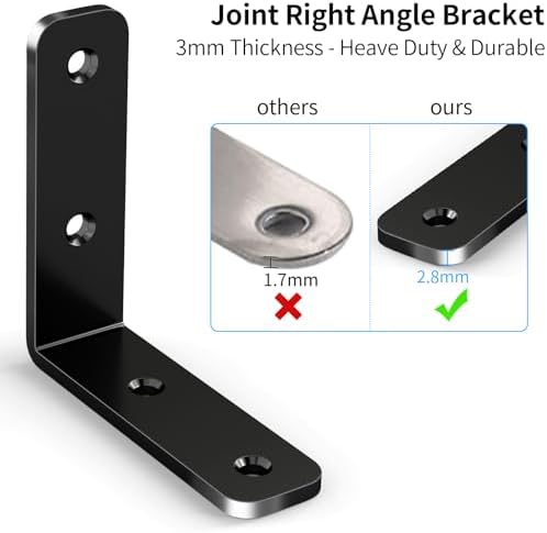 YUMORE 65mm L Corner Brace, Heavy Duty 90° Bracket, Black, 6 Pcs
