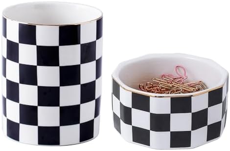 Aesthetic Desk Organizer Set of 2 For Office, Pen Holder and Paper Clip Holder Dispenser, Checkered Ceramic Cute Pencil Cup Pot, Desktop Accessories, Office Decor, Ideal Gifts (Black)
