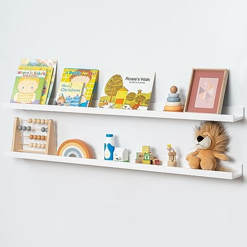 FLYJOE Picture Ledge Shelf, Floating Shelves Set of 2, Solid Ash Wood 48'' Long Large Nursery Book Shelves for Toys Storage, Kids Bookshelf for Living Room Bedroom Decor Books Photo Frames, White