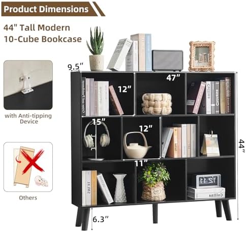 LEYAOYAO 8 Cube Bookshelf, Mid-Century Modern Book Shelf with Legs, Black