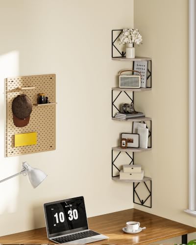 CHOEZON 5-Tier Corner Shelf, Floating Shelf, Wall-Mounted Storage Shelf, Wall Decor, Narrow Corner Bookshelf, for Living