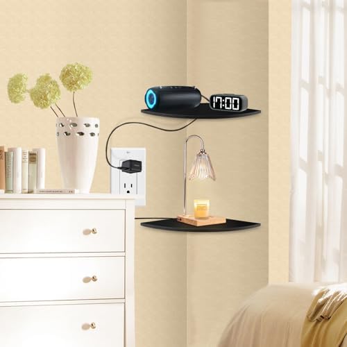 JJL Corner Shelf Wall Mounted, 12 Inch Wood Floating Corner Shelves with Wire Hole, Set of 4 Circular arc Corner Shelf f