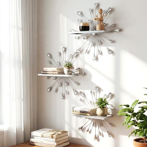 Yaocom Set of 3 Crystal Floating Wall Shelves, Silver Teardrop Metal Wall Mount Storage Shelf, Decorative Floating Displ