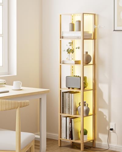 Open Book Shelf with LED Lights, 6 Tier Tall Bookshelf, Freestanding Shelf Narrow Bookcase with Open Shelves, 14.57" x 1