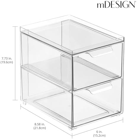 mDesign Stackable Storage Containers Box with 2 Pull-Out Drawers - Stacking Plastic Drawer Bins for Kitchen Pantry and C