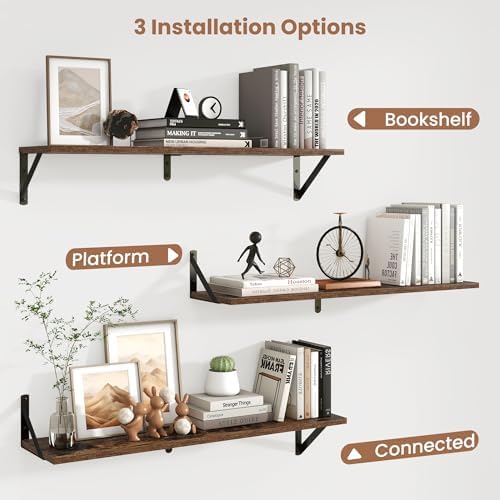 Axeman 32 Inch Floating Shelves, 8 Inch Deep Brown Wall Shelves Set of 2