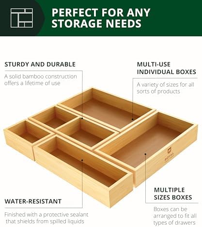 ROYAL CRAFT WOOD 5-Piece Bamboo Drawer Organizer Set – Multi-Use Storage Trays for Kitchen, Bathroom, Office, Makeup, Je
