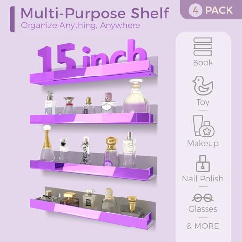 4 Pack 15 Inch Purple Reflective Acrylic Floating Wall Shelves