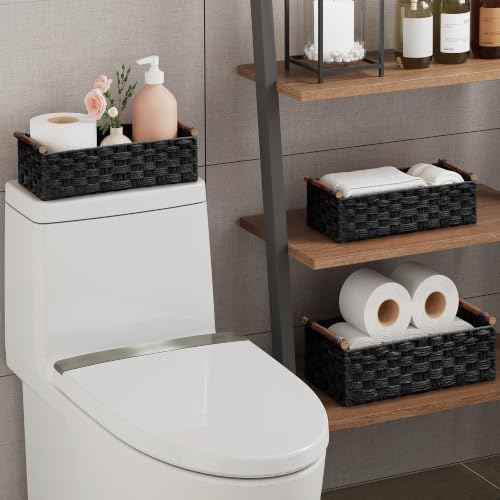 Vagusicc Wicker Storage Basket, Set of 2 Hand-Woven Paper Rope Wicker Basket for Organizing with Handle Decorative Stora