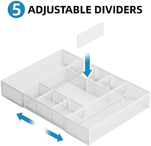 Marbrasse Expandable Desk Drawer Organizer, Mesh Drawer Organizer Tray with 10 Adjustable Compartments, Desk Organizers and Accessories for Office Supplies, Makeup & Vanity (Expandable White-2 pack)