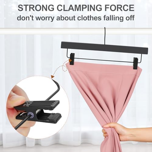 TOPIA HANGER Wooden Pants Hangers 20 Pack, Black Skirt Hanger with Clips and Rotatable Hook, Durable Rubber Wood Hangers for Skirts, Pants, Jeans, Shorts - CTS05B