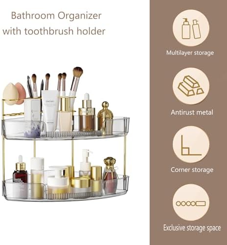 FELIZHOUSE 2-Tier Makeup Organizer for Vanity & Bathroom Countertop – Acrylic Storage Shelf with Perfume Tray & Makeup B