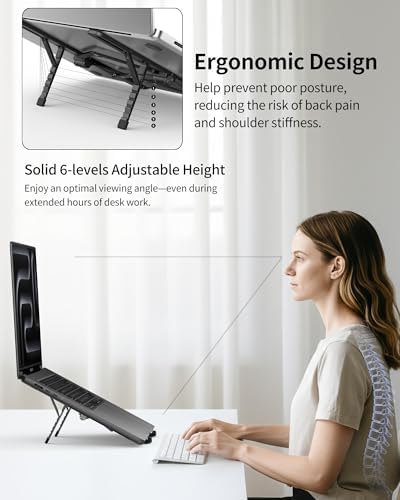SODI 2025 Foldable Laptop Stand for Desk - Bi-fold Ergonomic Spring Adjustable Computer Holder, 3 in 1 Metal Portable La