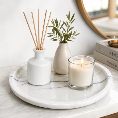 Natural Marble Round Vanity Tray, Decorative Serving Catchall Tray