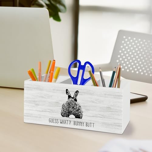Bunny Rabbit Gifts, Easter Decor, Bunny Easter Gifts for Women, Funny Pen Pencil Holder Organizer for Desk Accessories, Wooden Box Sign Desk Decor for Home Office