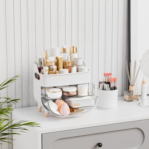 Yieach White Make up Organizers for Counter,Vanity and Dresser,Bathroom Makeup Organizer Countertop,Large Makeup Storage