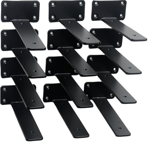 12 Pack - 7 inch Black Hidden L Shelf Bracket (1/5 Inch Thicked) Iron Floating Shelf Brackets Rustic Industrial Metal Br