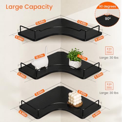 Homode Floating Corner Shelves Set of 3, 12 Inch Corner Wall Shelf, Black