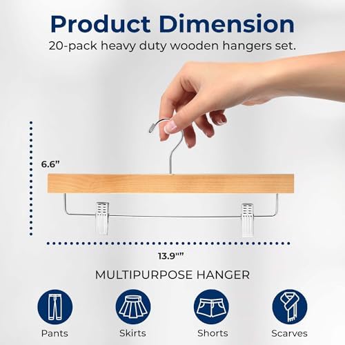 SereneLife Skirt and Pant Hanger, Premium Wooden, Natural, 20 Pack
