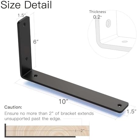 4 Pack 10 Inch Floating L Shelf Brackets for DIY, 1/5 Inch Thick, Black