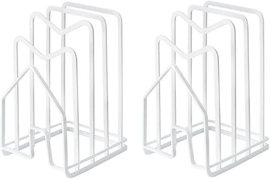 SUNFICON 2 Pack White Cutting Board Holder Rack Pot Pan Lids Holder Chopping Board Organizer Thin Bakeware Tray Dry Display Stand Kitchen Countertop Cabinet Office