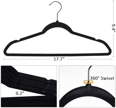Pack of 30 Velvet Hangers, Space-Saving Heavy Duty Clothes Hangers for Suit, Non-Slip, 0.2 Inches Slim, 17.7 Inches Wide, 360° Swivel Black Hook - Black