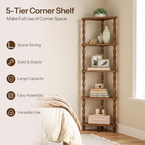 HOOBRO Corner Shelf, 5-Tier Wooden Corner Bookshelf for Small Space, Stylish Corner Storage Display Shelves for Living R