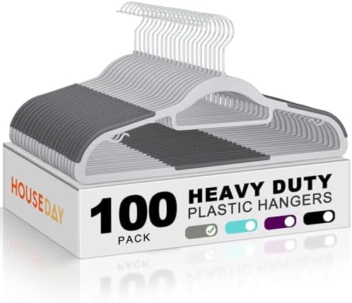 HOUSE DAY Slim Plastic Hangers 100 Pack, Non Slip Gray Clothes Hangers