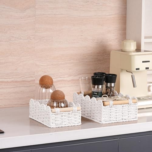 iEGrow Paper Rope Small Storage Baskets for Organizing, Set of 2 Scalloped Edge Wicker Basket with Wooden Handles Toilet Paper Basket for Over Toilet Storage Shelf, Home Decor, Living Room (White)