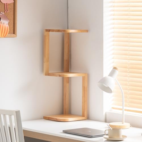 Corner Shelf Stand Desk Organizer,26.8" H Rubberwood Brown Rack for Small Spaces, Bedroom,Home Office,Kitchen,Bathroom (