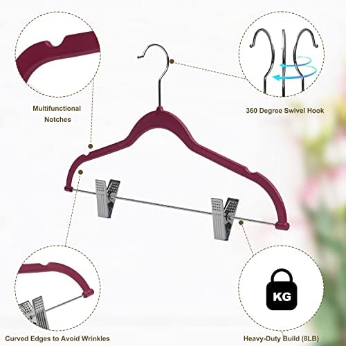 80 Pack Raspberry Quality Plastic Non Velvet Non-Flocked Thin Compact Coat Hangers with Metal Clips for Skirts Pants Blouses 360° Swivel Hook