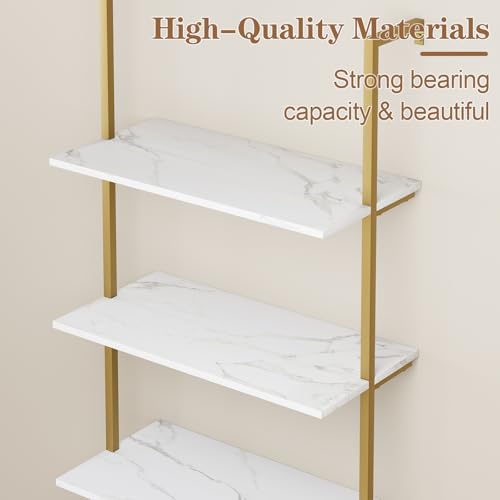 Wolawu Ladder Shelf 5 Tiers Wall Mounted Bookshelf 2-Piece White Marble Modern Bookshelf Open Tall Storage Bookcase Stan