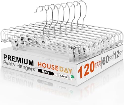 HOUSE DAY 120 Pack Clear Pants Hangers with Clips, Plastic Skirt Hangers