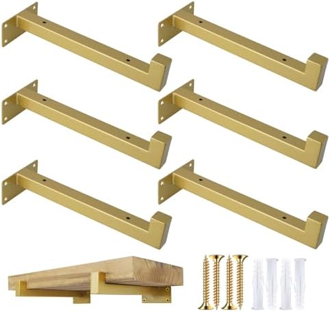 OVOV 6 Pack 6 Inch Gold Shelf Brackets with Lip Wall Shelf Brackets
