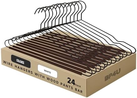 Wire Metal Hangers with Smooth Lotus Wood Pants Bar, Black, 24-Pack