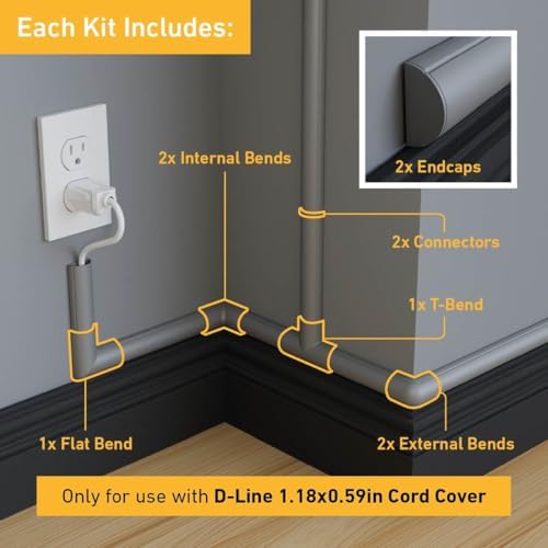 D-Line Medium Cable Raceway Accessory Pack, Join 1.18in x 0.59in Cord Cover Lengths, 10 Accessories Included, Hide Cords