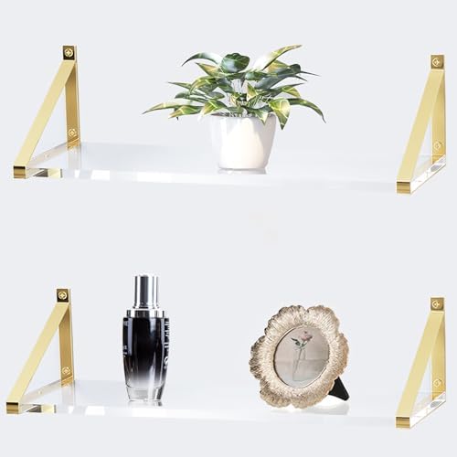 Sturdy Large 25×5.9 inch Thicker 2/5"(10mm) Crystal-Clear Acrylic Gold Shelves for Wall,Gold Floating Shelves,Clear Shel