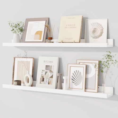 Dreamland Picture Ledge Shelf for Wall, Floating Shelves Set of 2, 32 Inch Long Floating Shelves with Lip for Living Room, Bedroom, Bathroom, Kitchen, White