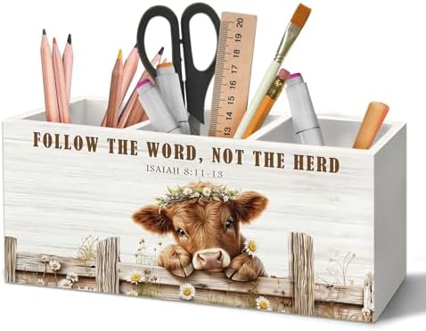 Farmhouse Highland Cow Christian Pen Holder Organizer for Desk Accessories, Highland Cow Gifts, Isaiah 8:11-13 Bible Verse Religious Wooden Box Sign Desk Decorations for Home Office Decor