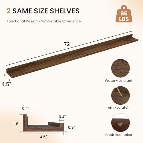 Dreamland Picture Ledge Shelf for Wall, Floating Shelves Set of 2,72 inch Long Floating Shelves with Lip for Living Room,Bedroom,Bathroom,Kitchen,Walnut