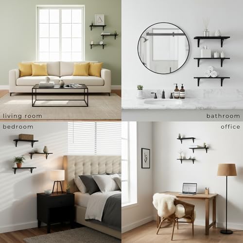 Willowy Reinforced Steel Bracket Black Wall Shelves for Bedroom - Easy to Install, Template and Video Included - Long Bl