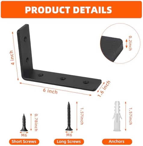 4 Pack Heavy Duty Floating Shelf Brackets, Black Metal L Wall Brackets, DIY Industrial Shelf Brackets - L 6" x H 4" x W 