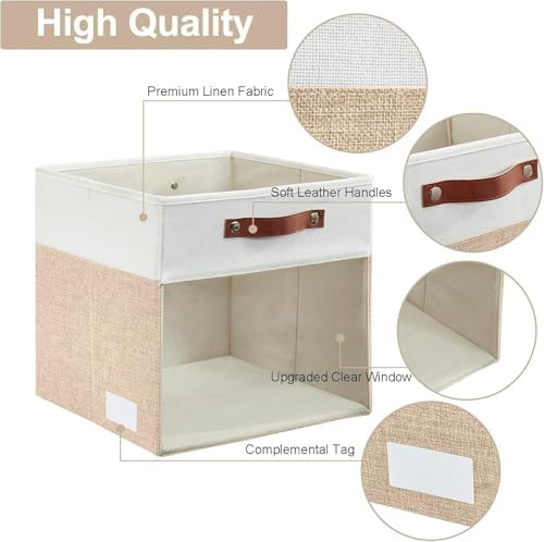 Bagnizer Storage Cubes, 4 Pack Linen Foldable Storage Bins with Clear Window and 2 Handles, 13x15x13 Storage Cube Bins for Shelf Closet, Kallax, Clothes, Books - (Beige / Off-White)