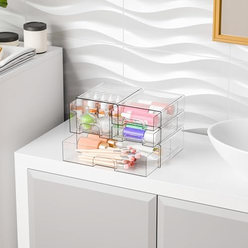 Yieach 4 Pack Clear Stackable Storage Drawers,Acrylic Drawer Organizer for Medicine,Palettes,Hair Accessories and Makeup