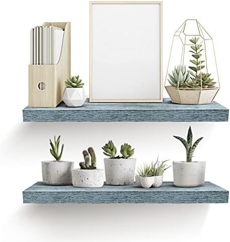 Sorbus Wood Floating Shelves for Wall (24 x 9 Inch, 2 Pack, Blue)